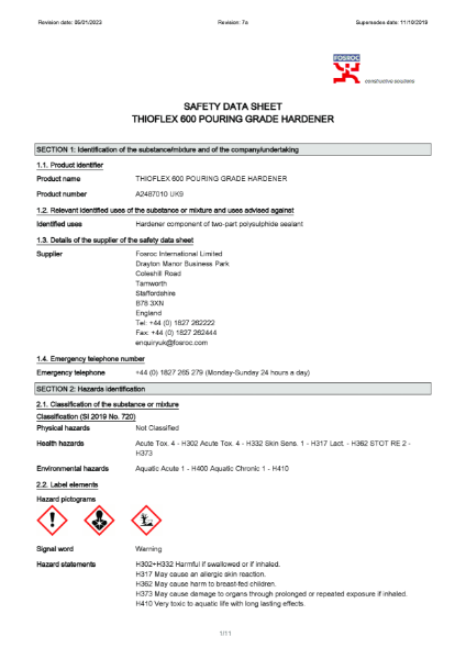 Thioflex 600 Pouring Grade Hardener Safety Datasheet