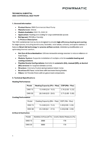 Powrmatic OKKI Commerical Heat Pump Technical Submittal