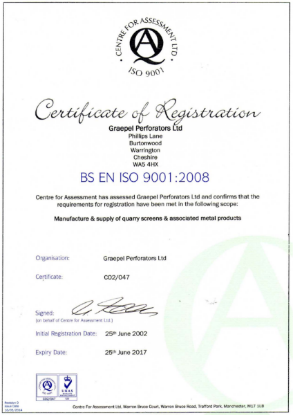 ISO 9001:2008 Certificate (quarry screens and associated metal products)