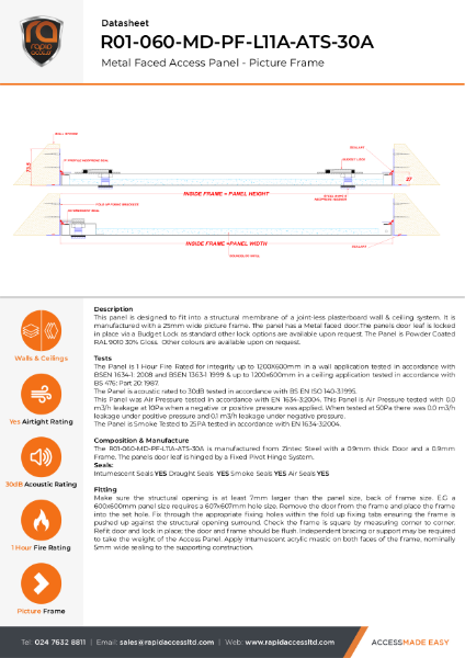 Datasheet - Slim Fit Access Panel One Hour Fire Rated, 30dB Acoustic, Airtight