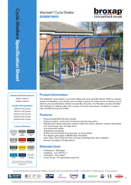 Wardale Cycle Shelter Specification Sheet