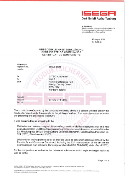 CT1 Clear ISEGA Foodstuff Safe - Certificate of Compliance