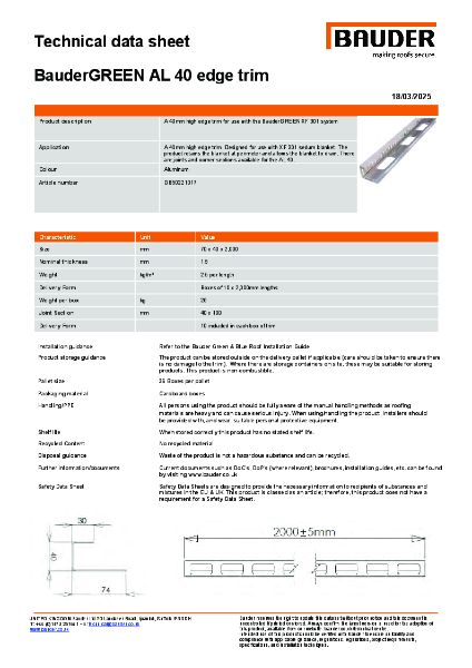 BauderGREEN AL 40 edge trim - Technical Data Sheet