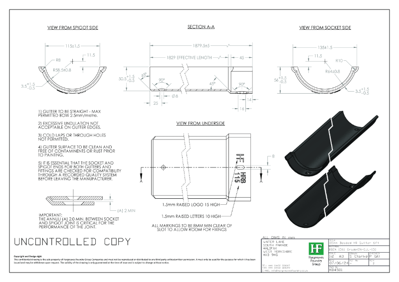 115mm Beaded Half Round Gutter Drawing