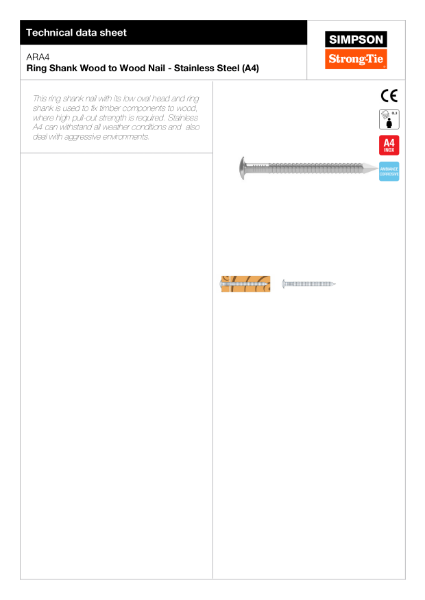 ARA4: Ring Shank Wood to Wood Nail - Stainless Steel (A4) Techncial Data Sheet