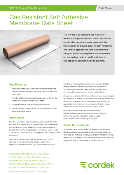 Cordek Gas Resistant Self Adhesive Membrane Data Sheet