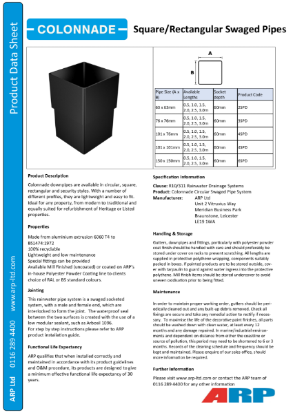 Colonnade Square/ Rectangular Swaged Pipe Data Sheet