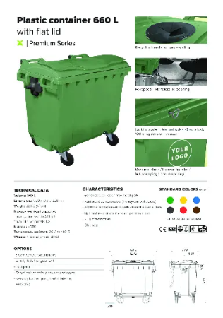 Plastic container 660 L flat lid - Produktblad
