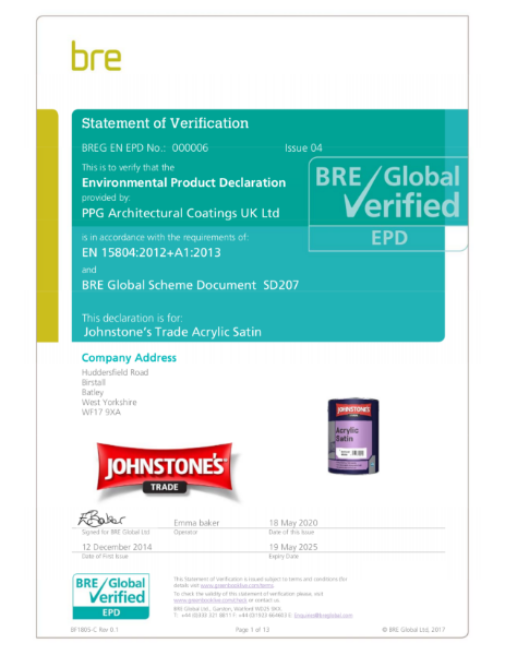 Environmental Product Declaration (EPD) : BREG EN EPD No: 000006 Johnstone's Trade Acrylic Satin