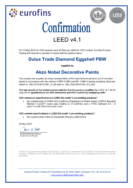 Dulux Trade Diamond Eggshell LEED Attestation