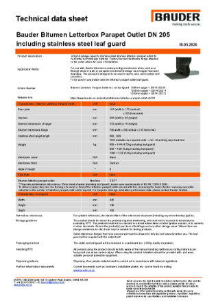 Bauder Bitumen Letterbox Parapet Outlet DN 205 including ss leaf guard