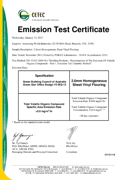 TVOC Certificate Homogeneous Sheet