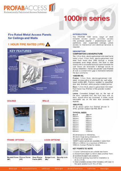 Profab PRIMA 1000 Series Wall Access Panel Fire Rated up to 2hrs