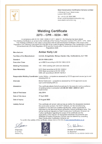 Welding Certificate 2273 - CPR - 0224 - WC