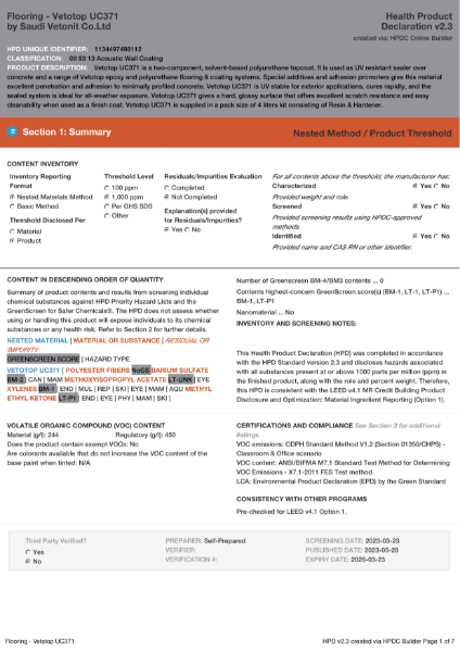 HPD - Health Product Declaration - Flooring - Vetotop UC371