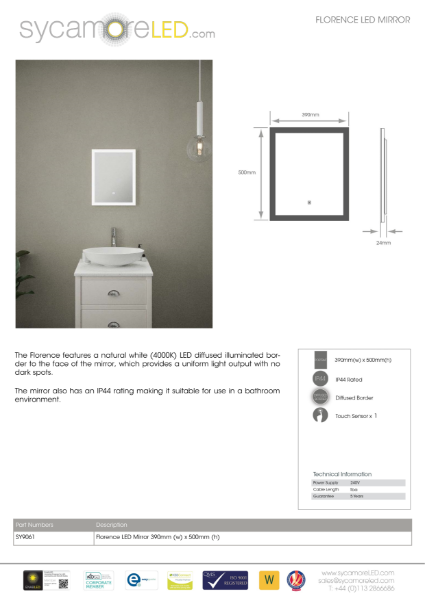 Specification Sheet for Florence Illuminated Mirror