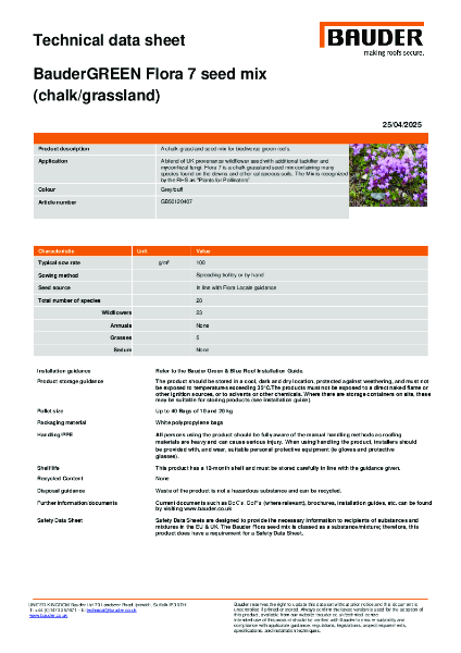 BauderGREEN Flora 7 Seed Mix - Technical Data Sheet