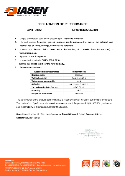 Diasen Diathonite Evolution Declaration of Performance (DOP) BS 998-1 (UKCA)