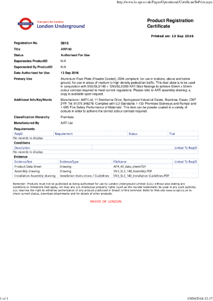 AATi certificate for AATi Riser Plate ref ARP 40 for use with value engineered products