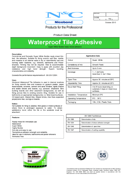 Nicobond waterproof tile adhesive