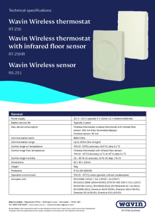 Wavin Wireless thermostat RT-250 / Wavin Wireless thermostat with infrared floor sensor RT-250IR / Wavin Wireless sensor RS-251