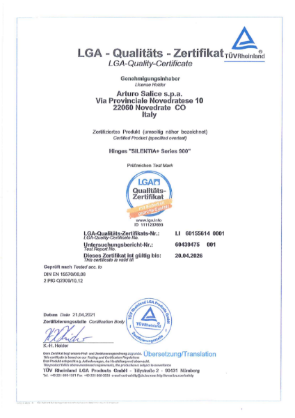 Hinges "SILENTIA+ Series 900" LGA-Quality-Certificate