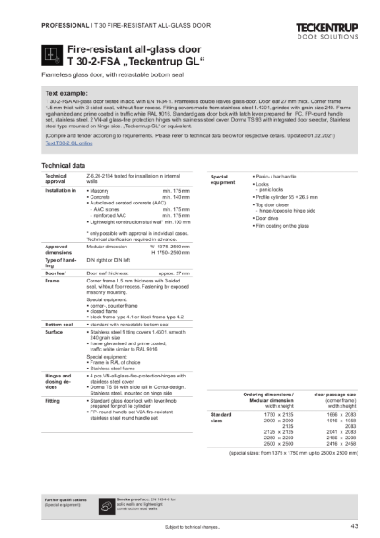 All-Glass Door T30-2-FSA „Teckentrup GL“ (Technical Data)
