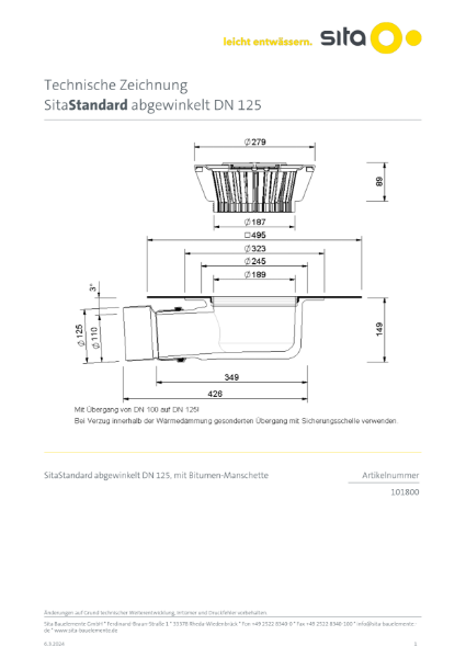 DN125 SitaStandard Angled Roof Outlet - Technical Drawing