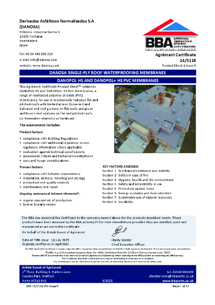 Danosa Single-ply Roof Waterproofing Membranes - DANOPOL HS and DANOPOL HS+ BBA 14/5118
