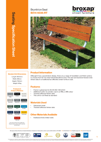 Bryntirion Seat Specification Sheet