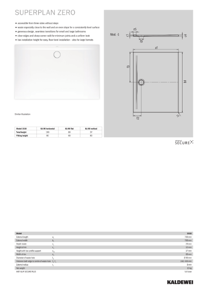 SUPERPLAN ZERO Steel Enamel Shower Tray Datasheet