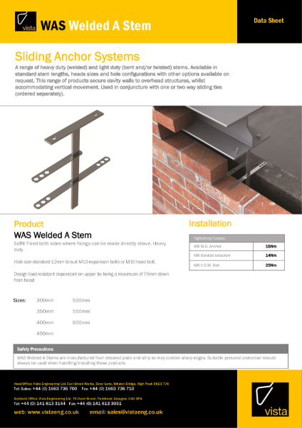 WAS Welded A Stem Data Sheet