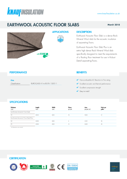 Knauf Insulation Acoustic Floor Slab Plus Insulation Data Sheet