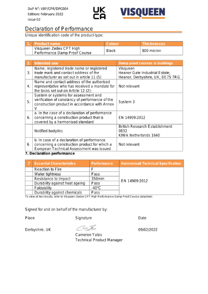 DPC UKCA Visqueen Zedex CPT High Performance Damp Proof Course Declaration of Performance