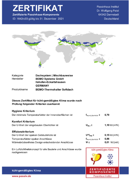 BEMO Standing Seam Passivhaus Certificate