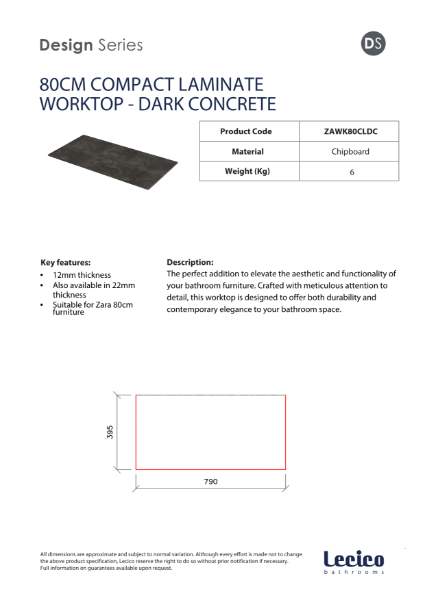 Zara 80 cm Width 12 mm Compact Laminate Worktop - Dark Concrete