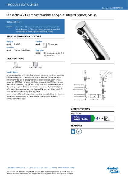 Sensorflow 21 Compact Deck Mounted Mains Powered Tap - A4852AA