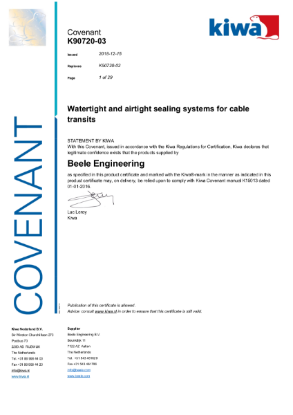 KIWA Covenant K90720_03 - Water & Airtight cable transits (slipsil, dynatite, nofirno sealing system, controfil & cet a sil)