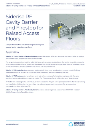 Siderise RF Cavity Barriers and Fire Stops for Raised Access Floors – Technical Data