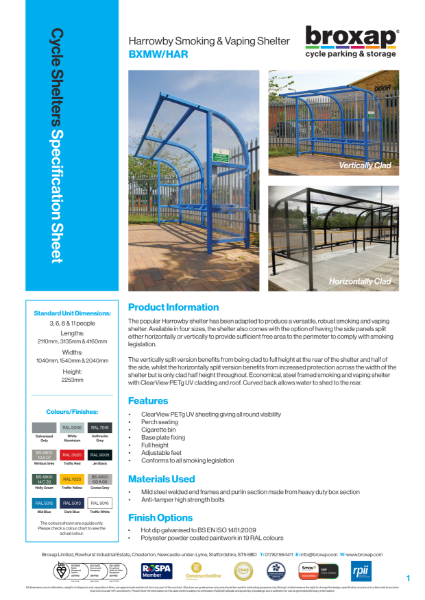 Harrowby Smoking and Vaping Shelter Specification Sheet