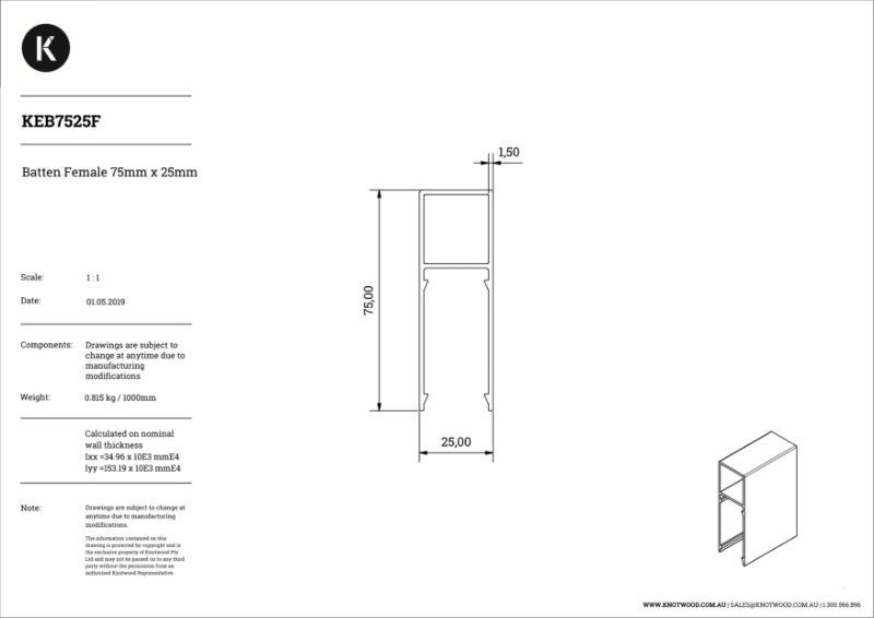 KEB7525F 75 x 25 mm profile (F) batten