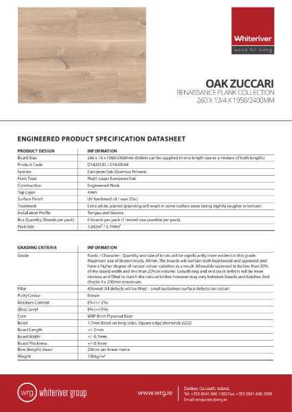 260 x 13 x 1950 & 2400mm Renaissance Oak Zuccari Plank Spec Sheet