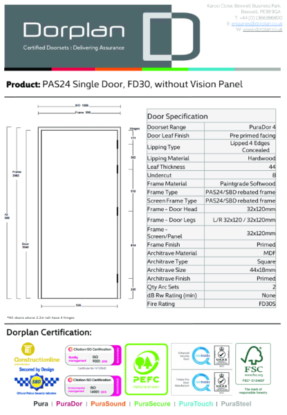 PAS24 Single Door, FD30, without Vision Panel