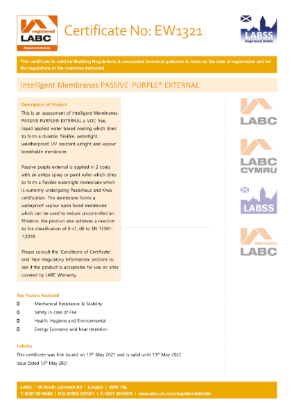  LABC - Certificate - Intelligent Membranes - Passive Purple External
