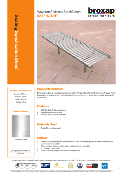 Weyburn Stainless Steel Bench Specification Sheet