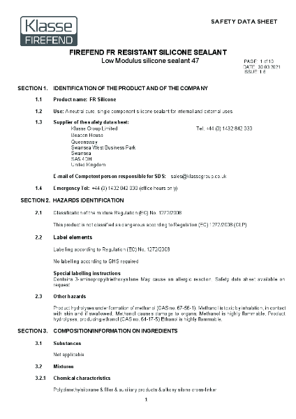 Klasse FireFend FR Silicone MSDS