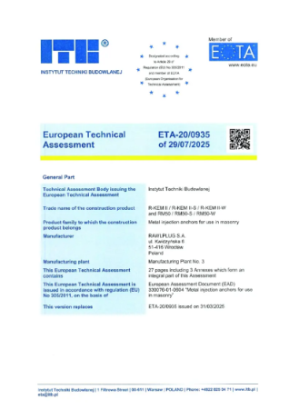 European Technical Assessment - R-KEM II/ R-KEM II-S/ R-KEM II-W
and RM50/ RM50-S/ RM50-W