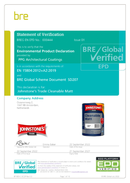 Environmental Product Declaration (EPD) BREG EN EPD No: 000444 Johnstone's Trade Cleanable Matt