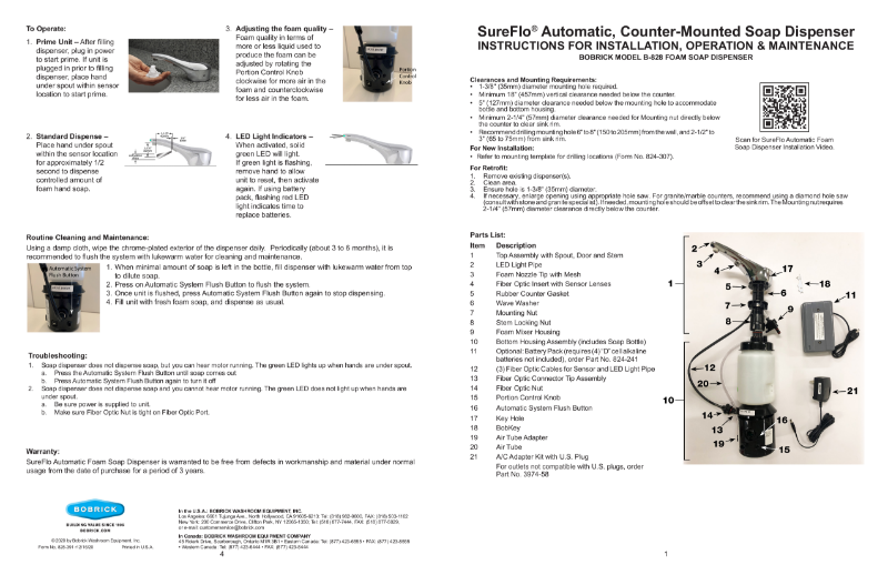 SureFlo® Automatic, Counter-Mounted Soap Dispenser - Instructions for Installation, Operation & Maintenance - Bobrick Model B-828 Foam Soap Dispenser
