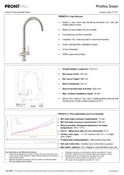 PT1131 Pronteau Prothia (Brushed Nickel), 3 IN 1 Steaming Hot Water Tap - Consumer Specification.